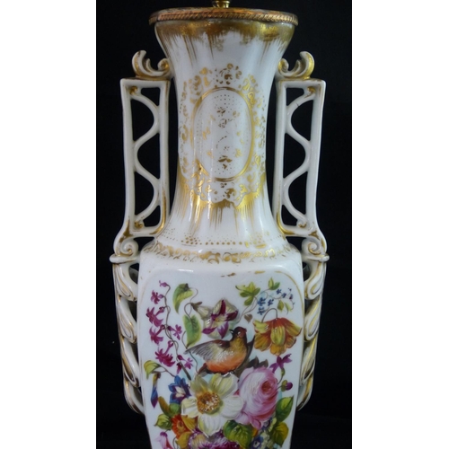 46 - A Victorian China Bulbous 2-Handled Thin Neck Table Lamp having multicoloured bird, floral, leaf and... 