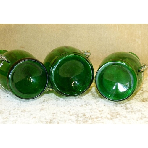 50 - 3 Victorian Green Glass Bulbous Thin Neck Trumpet Shape Vases having white raised floral and gilt de... 