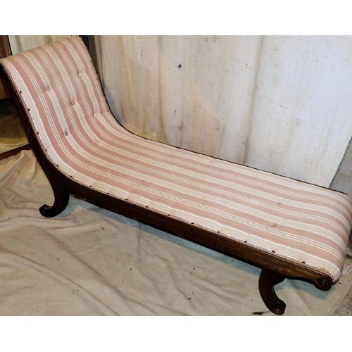 832 - A Mahogany Framed Day Bed having striped overstuffed back and seat on sabre legs