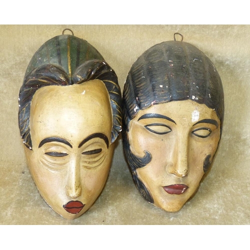 105 - 2 Art Deco Style Painted Earthenware Face Masks, 26.5cm high  