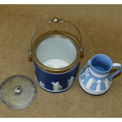 127 - A Wedgwood Jasperware Round Biscuit Barrel having silver plated cover and swing overhead handle, als... 