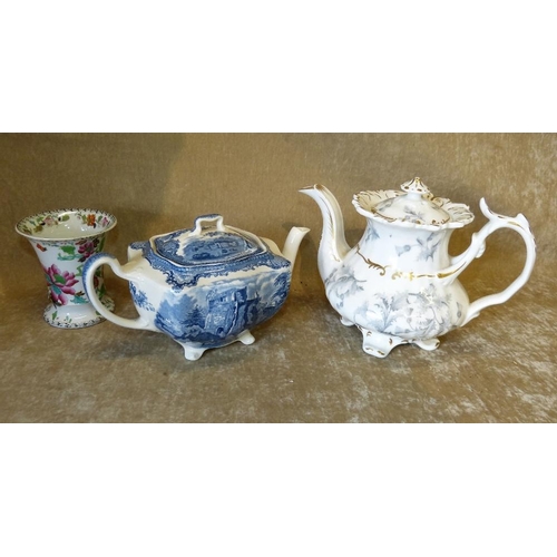 153 - A China Bulbous Shape Teapot having thistle, leaf and gilt decoration, a blue and white square scall... 