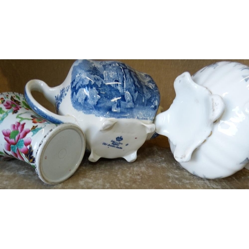 153 - A China Bulbous Shape Teapot having thistle, leaf and gilt decoration, a blue and white square scall... 