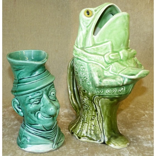 155 - An Old London Ware Glazed Earthenware Jug in form of a frog singing on green ground, 24cm high, also... 