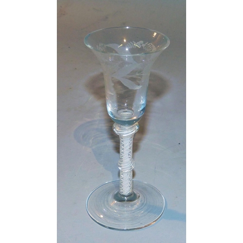 2 - An Engraved Cordial Glass having floral and swag decoration, on opaline twist knob stem, with round ... 