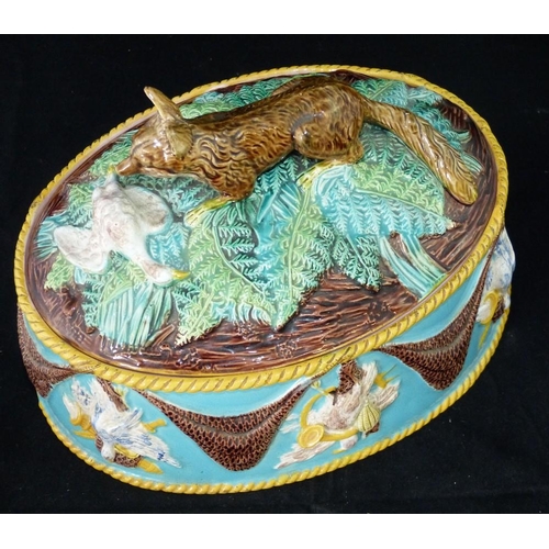 207 - A George Jones Majolica Oval Game Tureen and Cover having fox finial, on turquoise ground with raise... 