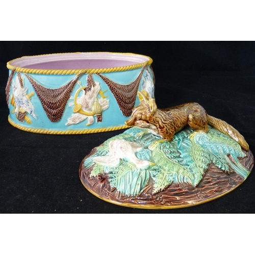 207 - A George Jones Majolica Oval Game Tureen and Cover having fox finial, on turquoise ground with raise... 