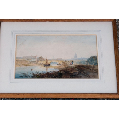 217 - A Small Watercolour depicting figures on towpath by river with sailing boat and buildings in backgro... 