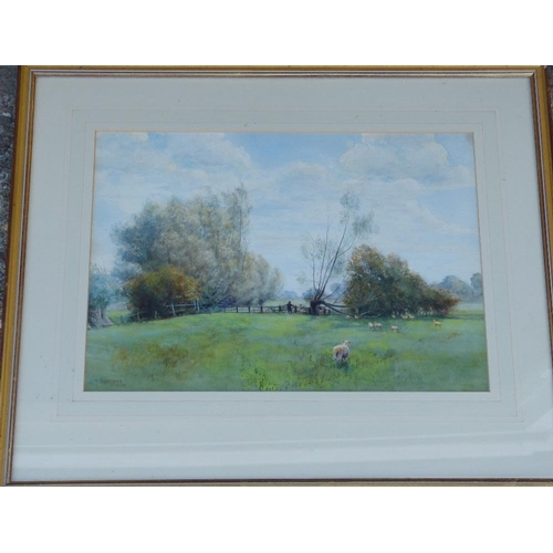 220 - JH Burrows Watercolour depicting sheep and farmer in field, signed and dated 1918, in gilt frame, 26... 