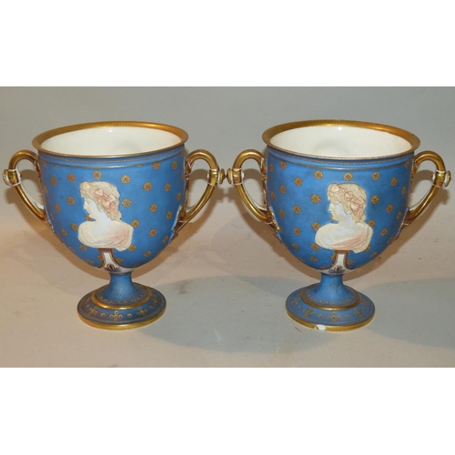 23 - A Pair Continental Bulbous Trumpet Shape 2-Handled Jardiniere's on pale blue and white ground having... 