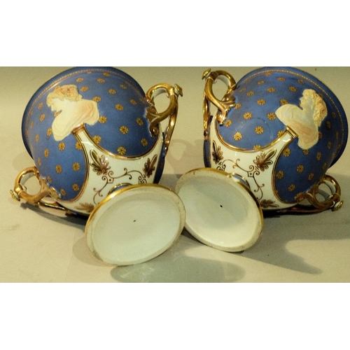 23 - A Pair Continental Bulbous Trumpet Shape 2-Handled Jardiniere's on pale blue and white ground having... 