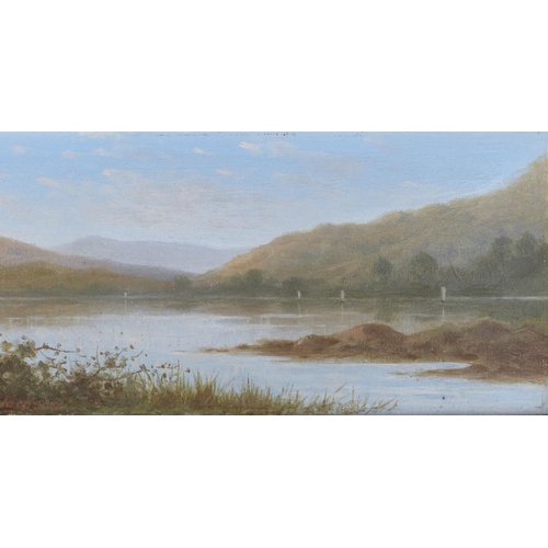 230 - H Sinclair Jackson Pair of Oil on Cards depicting lake scenes with hills in background, both signed ... 