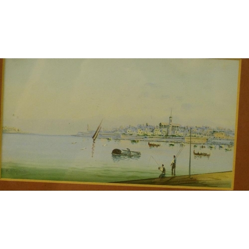 233 - A Pair of Maltese Watercolour's depicting figures fishing on lake scene with town in background and ... 