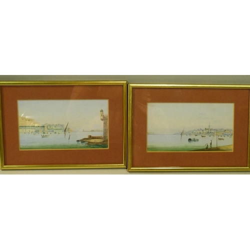 233 - A Pair of Maltese Watercolour's depicting figures fishing on lake scene with town in background and ... 