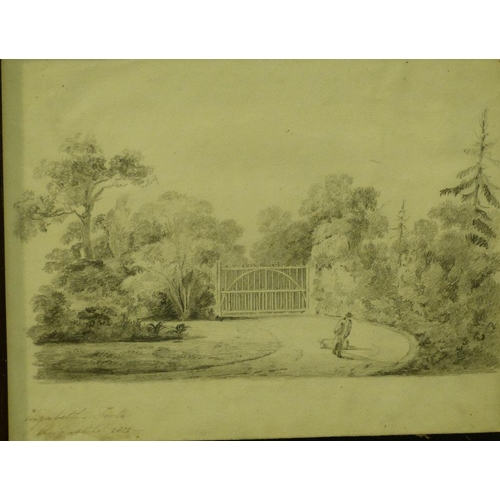 239 - A 19th Century Pencil Sketch depicting figure on driveway with gate and trees in background, indisti... 