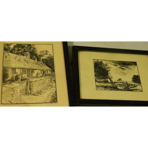 245 - W Hodges 4 Pen and Ink Sketches depicting thatched cottage, high street, landscape etc, all in black... 