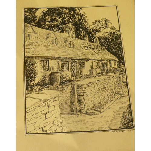 245 - W Hodges 4 Pen and Ink Sketches depicting thatched cottage, high street, landscape etc, all in black... 