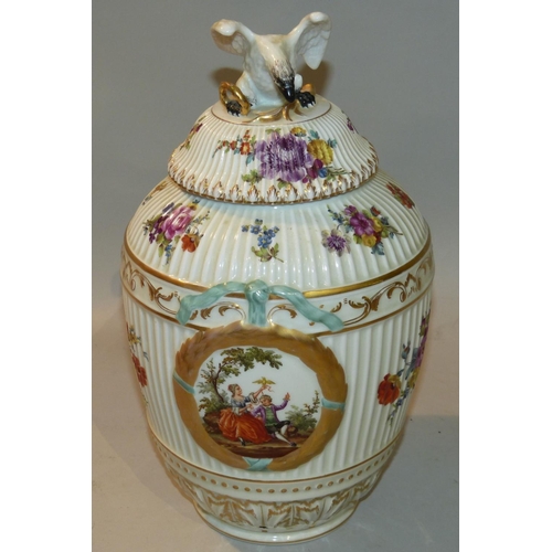 25 - A Berlin Bulbous Lidded Ginger Jar on white fluted ground having bird motif to cover, with all over ... 