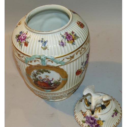 25 - A Berlin Bulbous Lidded Ginger Jar on white fluted ground having bird motif to cover, with all over ... 