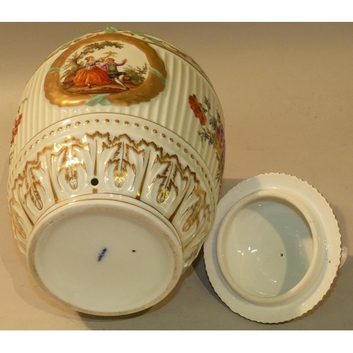 25 - A Berlin Bulbous Lidded Ginger Jar on white fluted ground having bird motif to cover, with all over ... 