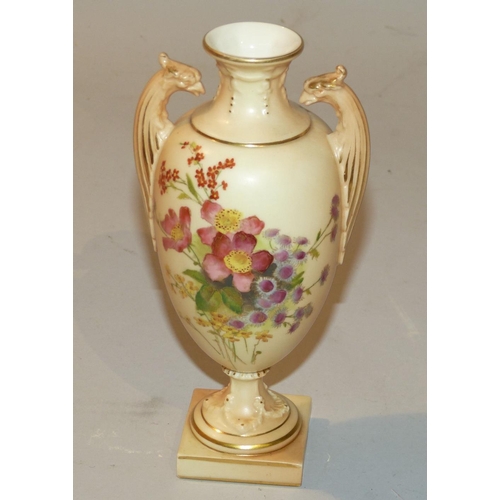 27 - A Royal Worcester Blush Round 2-Handled Thin Neck Trumpet Shape Vase having hand painted floral, lea... 