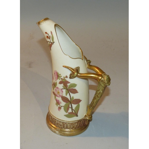 28 - A Royal Worcester Blush Jug having horn shape handle on cream ground with multicoloured floral, leaf... 