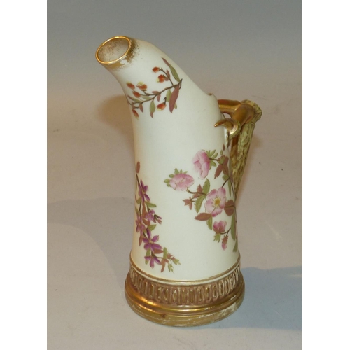 28 - A Royal Worcester Blush Jug having horn shape handle on cream ground with multicoloured floral, leaf... 