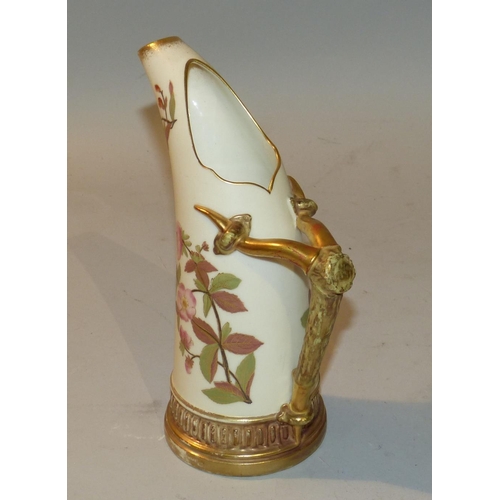 28 - A Royal Worcester Blush Jug having horn shape handle on cream ground with multicoloured floral, leaf... 