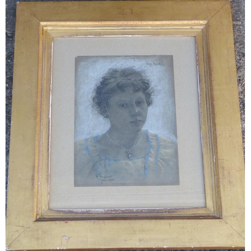 287 - An Early 20th Century Pencil Sketch and Pastel shoulder length portrait of a lady wearing pearl neck... 