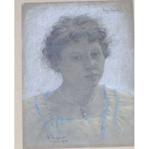 287 - An Early 20th Century Pencil Sketch and Pastel shoulder length portrait of a lady wearing pearl neck... 