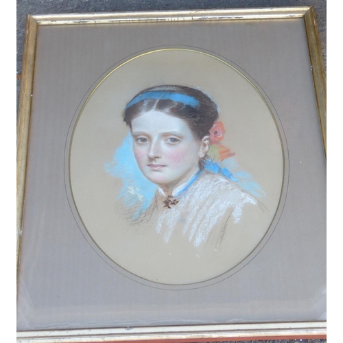 288 - W Wills Oval Pastel shoulder length portrait of a young lady 