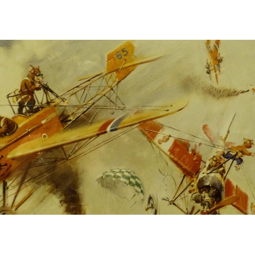 289 - Terence Cuneo Coloured Comical Print depicting mice in fighter planes, bears indistinctly pencil sig... 