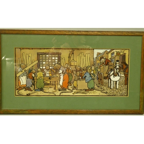 292 - Frank Adams Watercolour depicting mice working on high street, signed in oak frame, 19.5cm x 47cm  