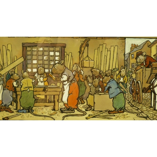 292 - Frank Adams Watercolour depicting mice working on high street, signed in oak frame, 19.5cm x 47cm  