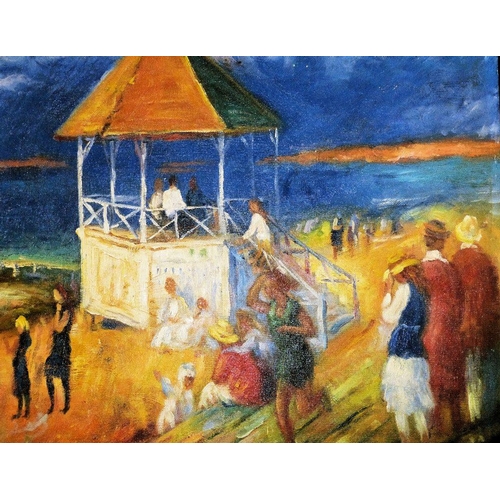 295 - After Giuseppe Debiasi Oil on Board, figures around bandstand and beech, indistinctly signed, unfram... 