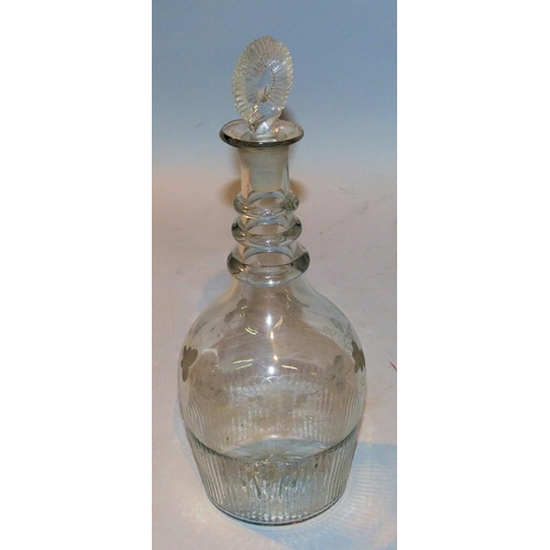 3 - A Georgian Bulbous Decanter having flat stopper with ring neck with engraved grape and vine decorati... 