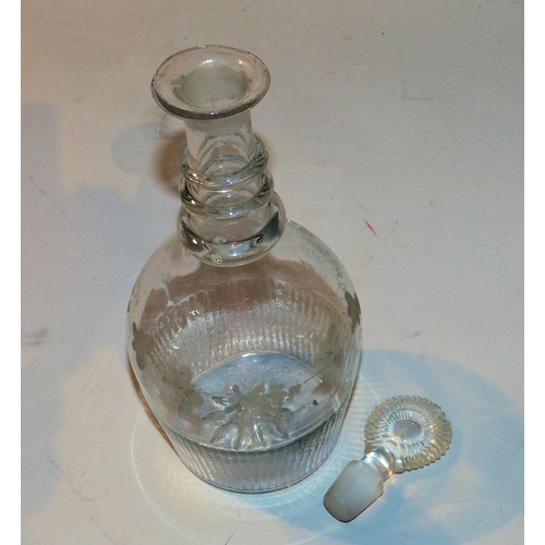 3 - A Georgian Bulbous Decanter having flat stopper with ring neck with engraved grape and vine decorati... 