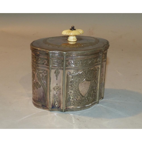 304 - A Silver Plated Oval Scalloped Shape Tea Caddy having hinged lid with ivory knob handle, all over en... 