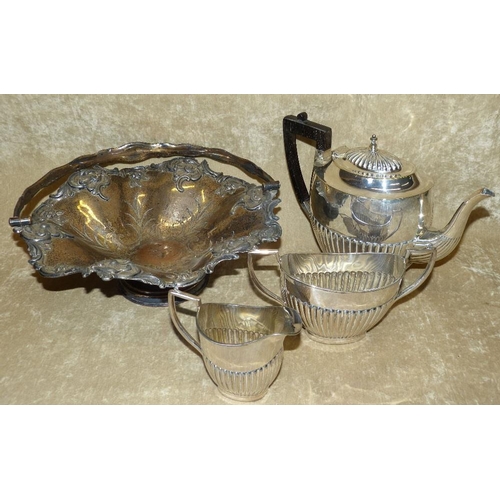 305 - A Silver Plated 3-Piece Oval Tea Service having half embossed reeded decoration, also a plated round... 