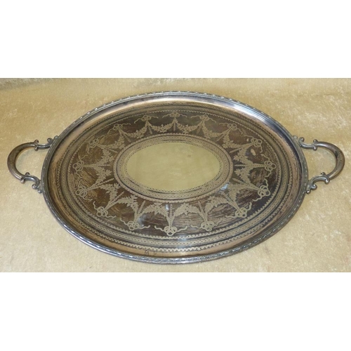 308 - An Oval Silver Plated 2-Handle Tray having engraved centre with swag, ribbon and scroll decoration, ... 