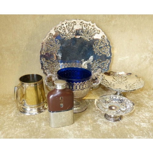 320 - A WMF Silver Plated Round 2-Handled Sweetmeat Dish having blue glass liner with embossed and pierced... 