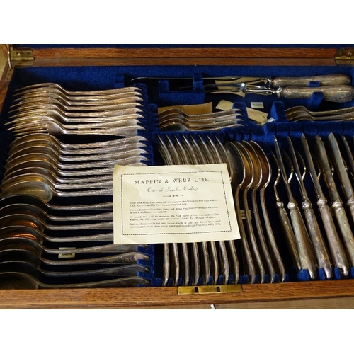 322 - A Mappin and Webb Silver Plated Flatware Service in fitted oak case (complete except for steel missi... 