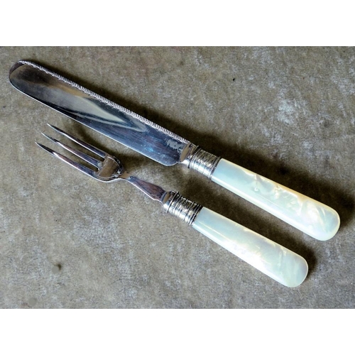 323 - A Set of 12 Silver Plated Fruit Knives and Forks having mother of Pearl handles, comprising 12 knive... 