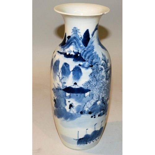 35 - A 19th Century Chinese Blue and White Round Thin Neck Trumpet Shape Vase having river landscape, fig... 