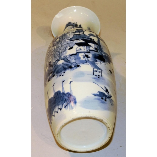 35 - A 19th Century Chinese Blue and White Round Thin Neck Trumpet Shape Vase having river landscape, fig... 