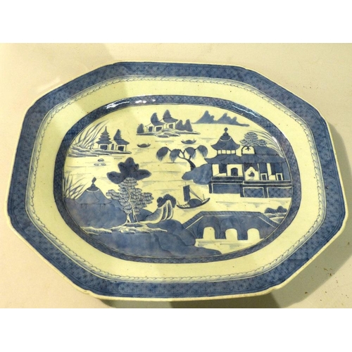 39 - A Chinese Export Blue and White Rectangular Meat Plate having river landscape decoration, 43cm wide ... 