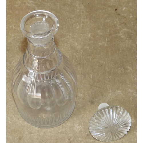 4 - A Georgian Cut Glass Bulbous Thin Neck Decanter having mushroom shape stopper with thumb pattern dec... 