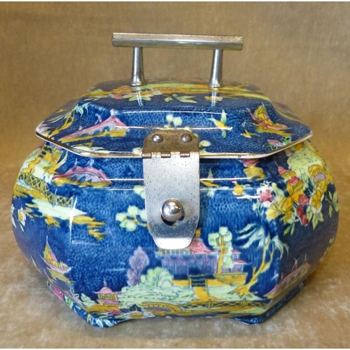 44 - A  China Square Pekin Pattern Biscuit Barrel having chamfer corners with hinged lid, 19cm wide  