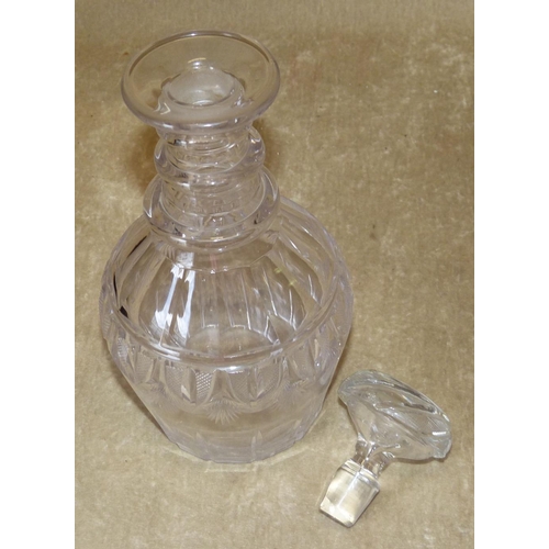 6 - A Georgian Cut Glass Round Decanter having ring neck with mushroom shape stopper, chamfer decoration... 