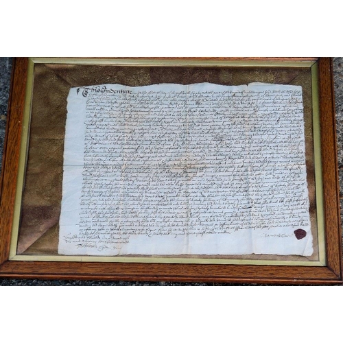 602 - A Hand Written Document with seal, mounted in oak frame, 30cm x 40cm  